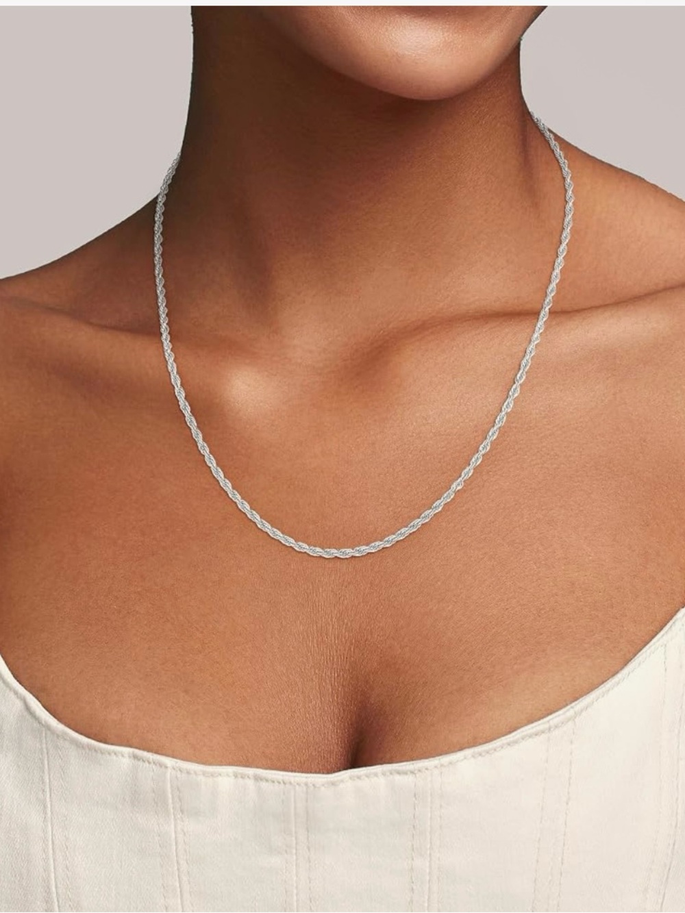 Sterling Silver S925 Rope Chain Necklace - Silver - Picture 3 of 5